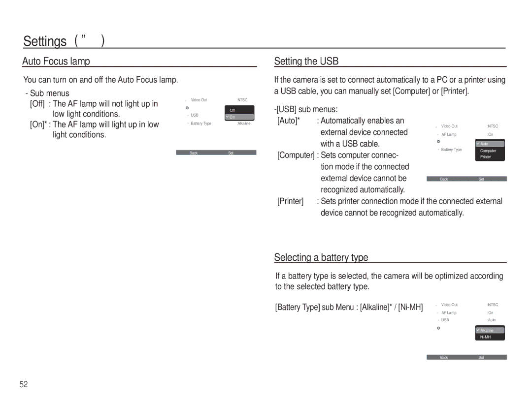 Samsung SL40 manual Auto Focus lamp, Setting the USB, Selecting a battery type 