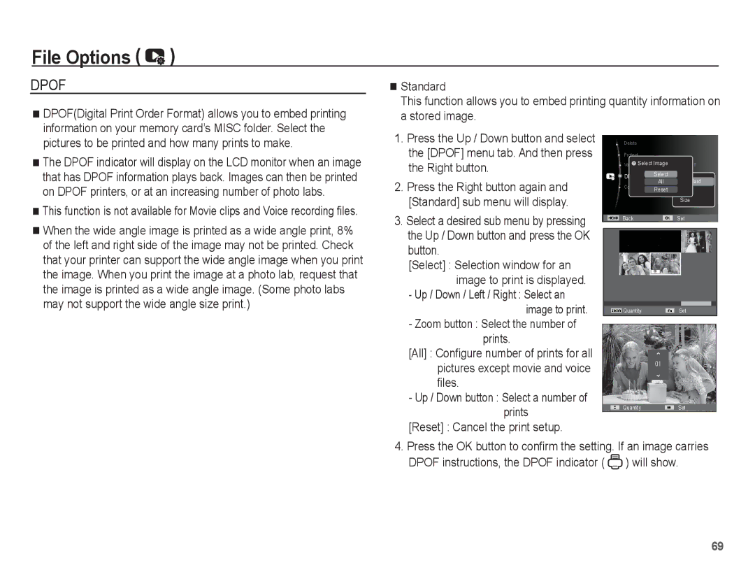 Samsung SL40 manual Reset Cancel the print setup, Zoom button Select the number, Up / Down button Select a number of prints 