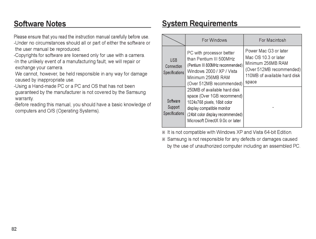 Samsung SL40 manual Software Notes, System Requirements 