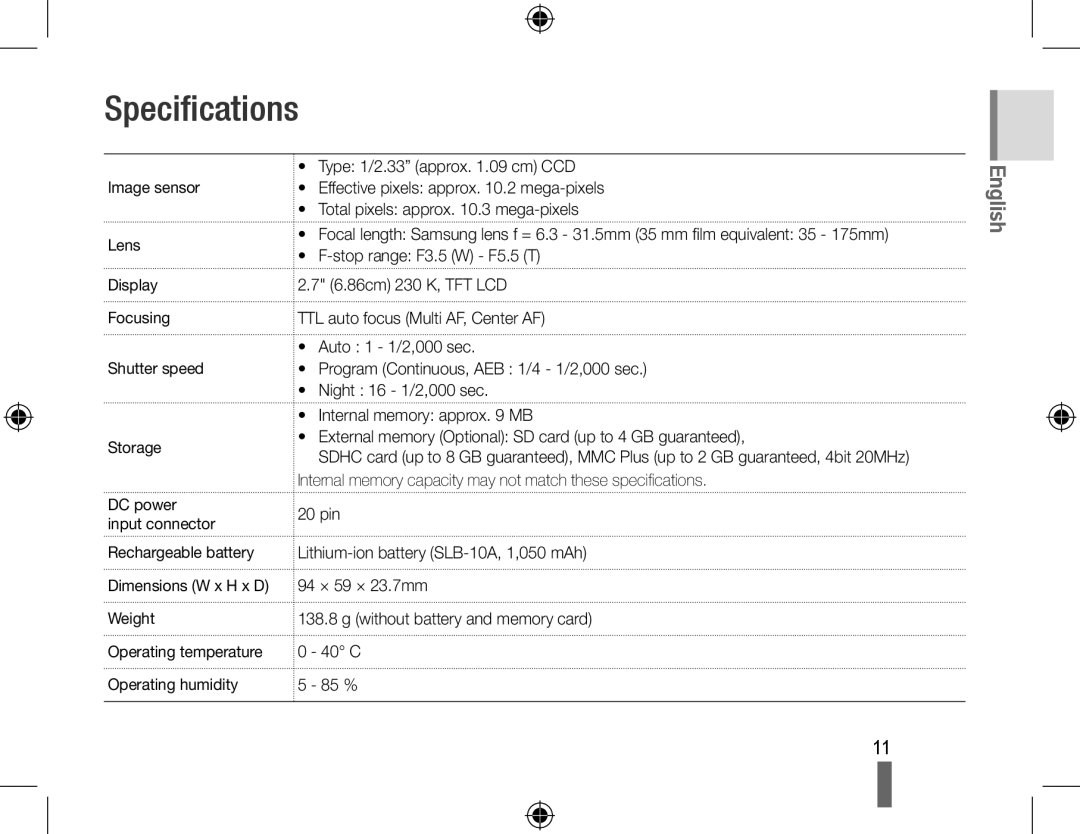 Samsung SL420 Specifications, Image sensor Lens Display Focusing Shutter speed Storage, Rechargeable battery 