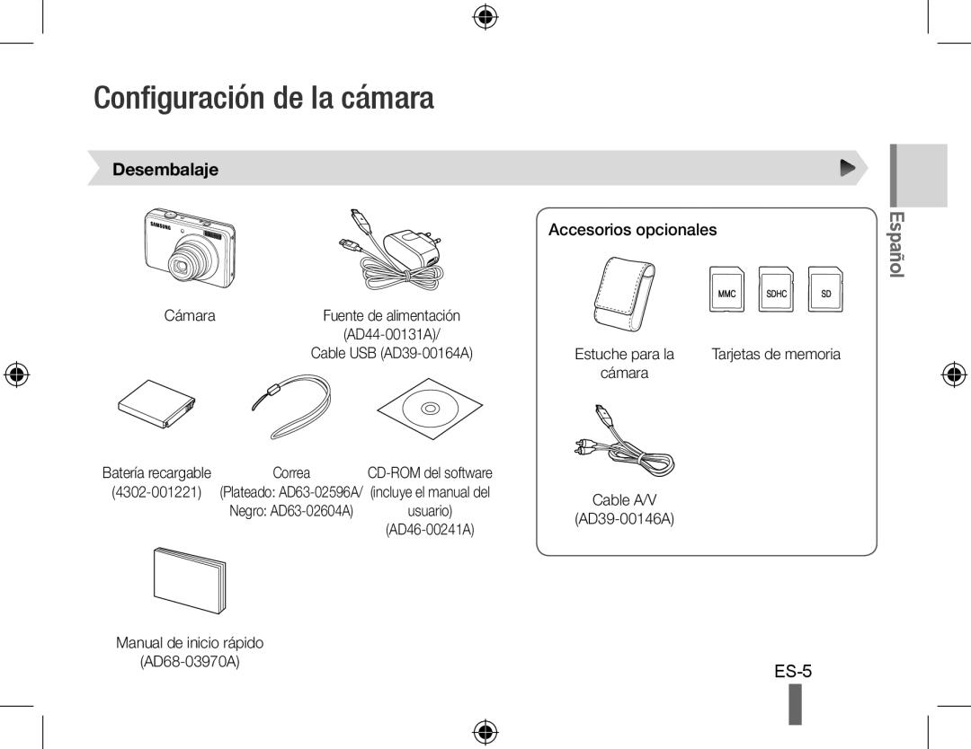 Samsung SL420 quick start manual Configuración de la cámara, Desembalaje, Accesorios opcionales 