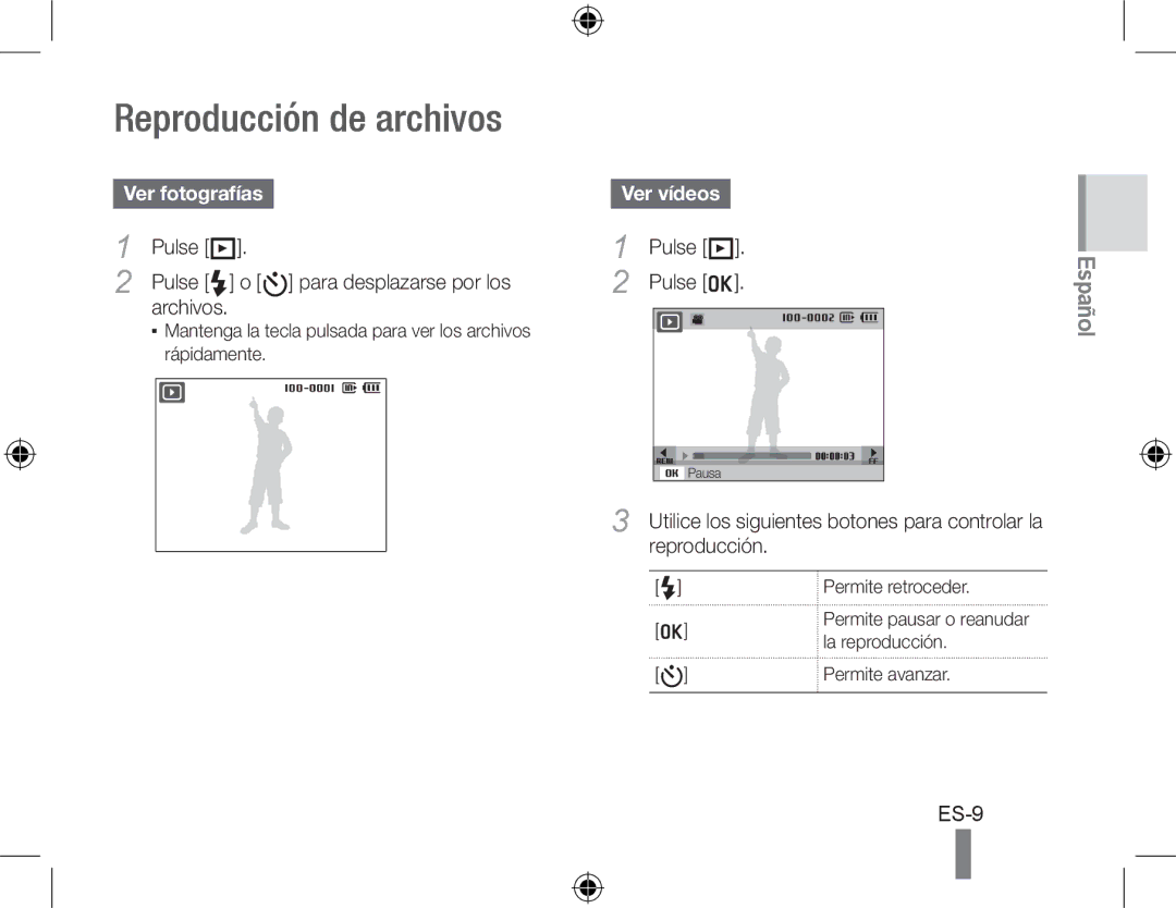 Samsung SL420 quick start manual Reproducción de archivos, Ver fotografías, Archivos, Ver vídeos, Pulse P 