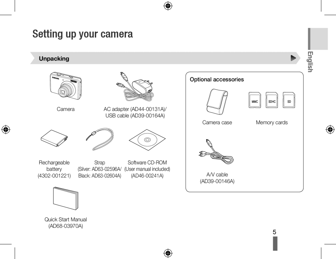 Samsung SL420 quick start manual Setting up your camera, Unpacking, Optional accessories 