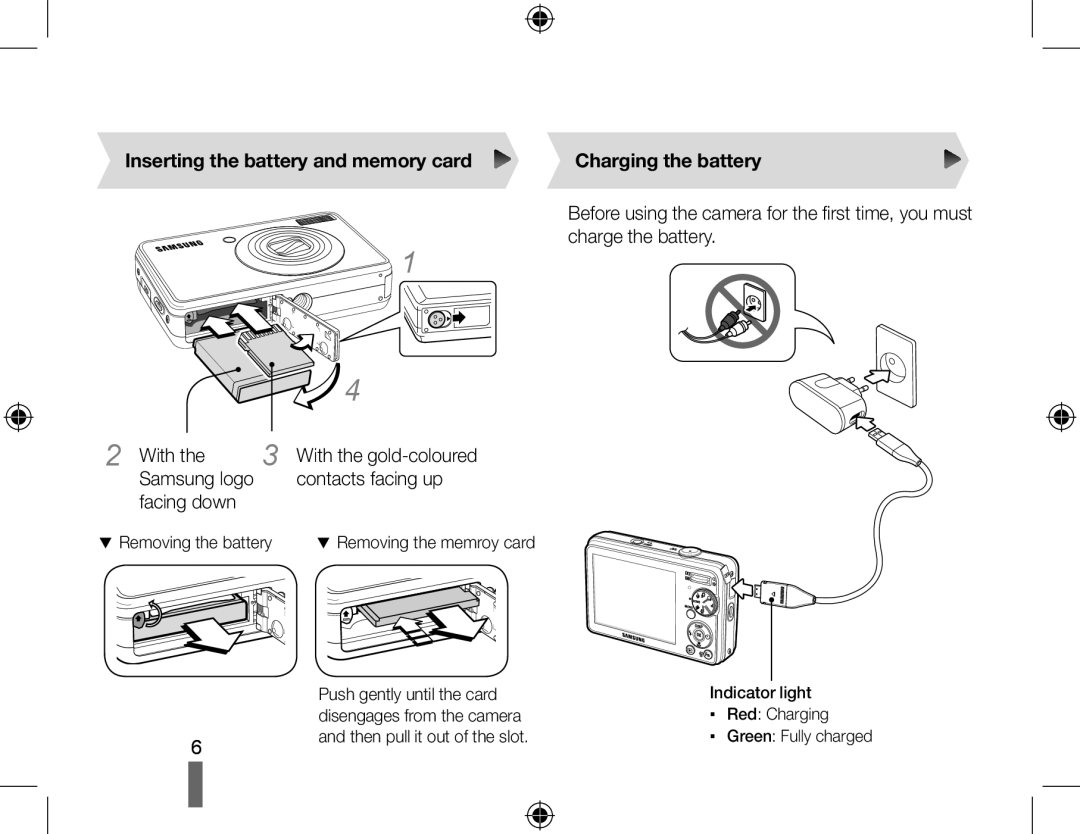 Samsung SL420 quick start manual Inserting the battery and memory card, With, Facing down, Charging the battery 