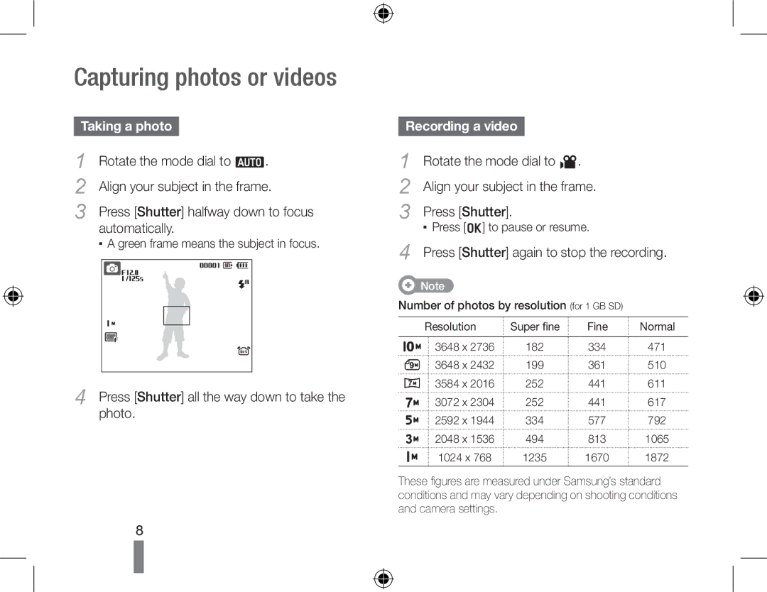 Samsung SL420 quick start manual Capturing photos or videos, Taking a photo, Recording a video 