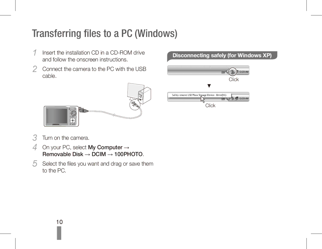 Samsung SL502 quick start manual Transferring files to a PC Windows, Disconnecting safely for Windows XP 