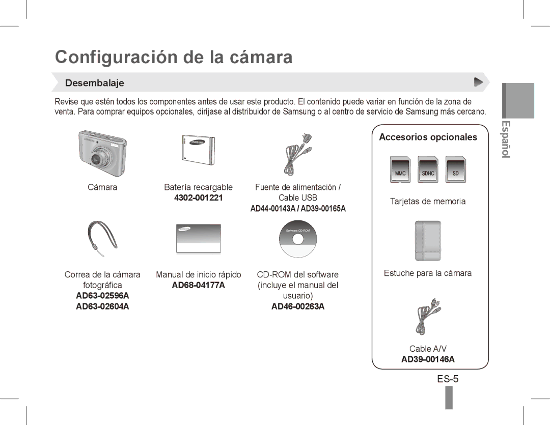 Samsung SL502 quick start manual Configuración de la cámara, Desembalaje, Accesorios opcionales 