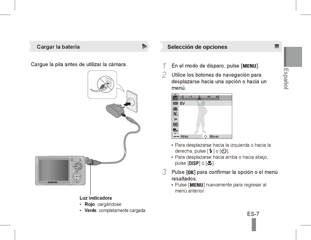 Samsung SL502 Cargar la batería, Cargue la pila antes de utilizar la cámara, En el modo de disparo, pulse, Menú 