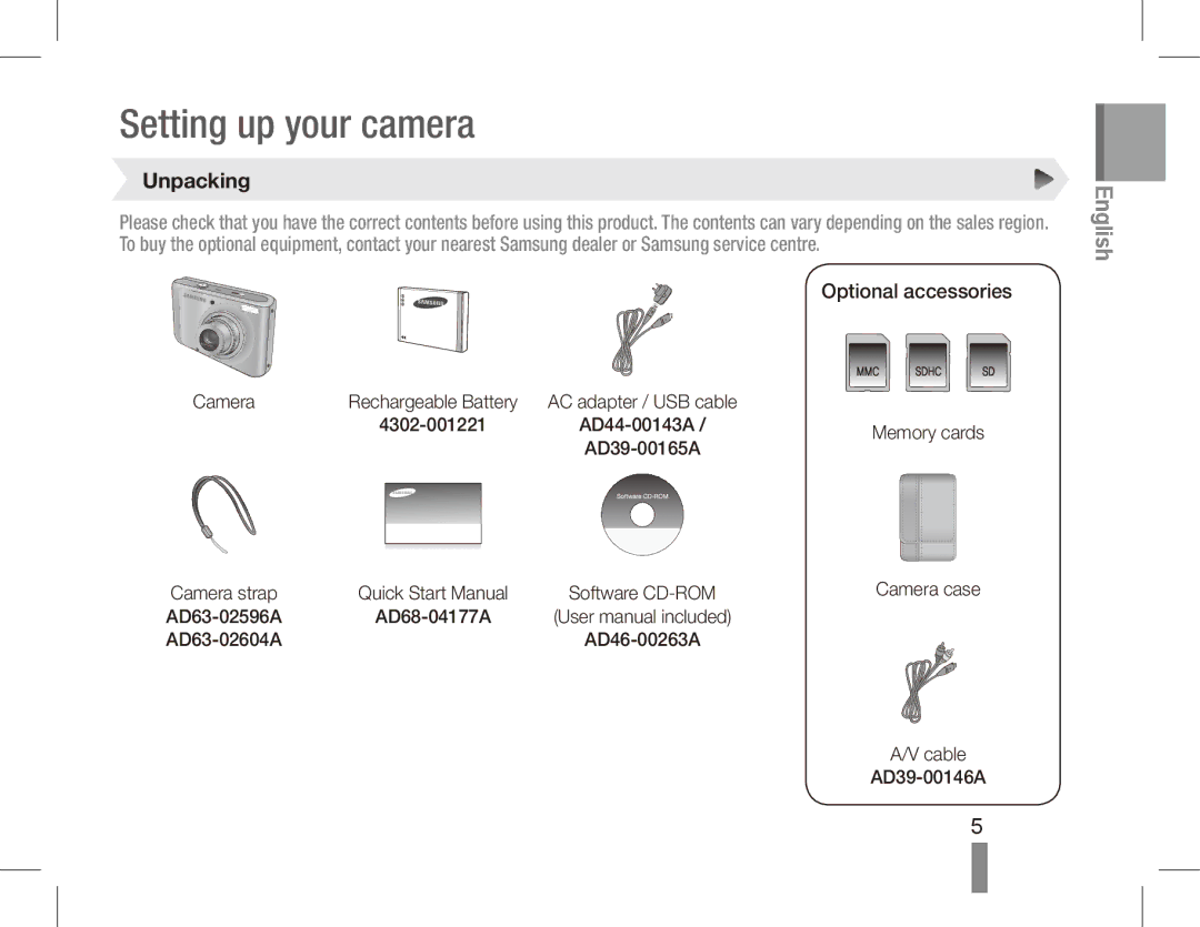 Samsung SL502 quick start manual Setting up your camera, Unpacking, Optional accessories 