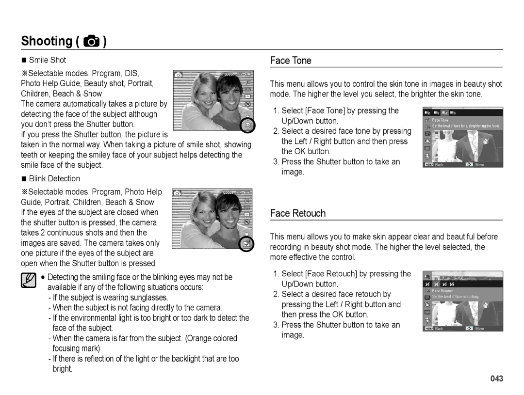 Samsung SL50B user manual Face Tone, Face Retouch, Smile Shot, Camera automatically takes a picture by 