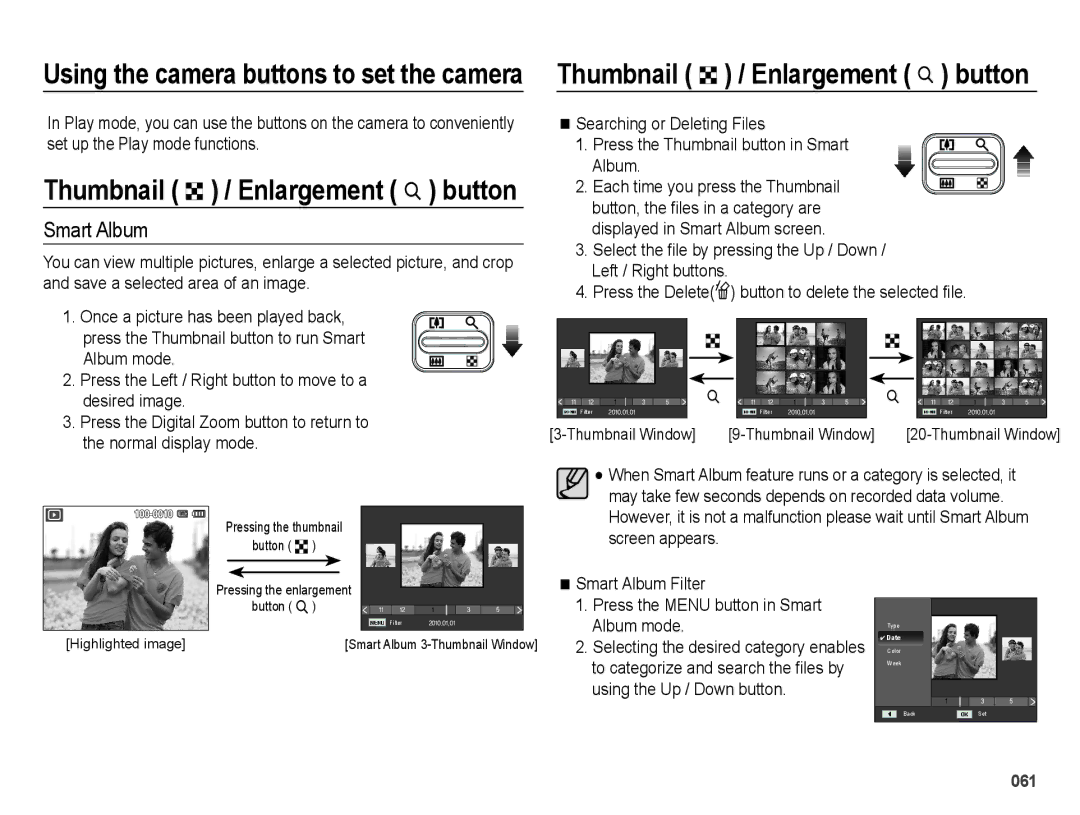 Samsung SL50B user manual Thumbnail º / Enlargement † button, Smart Album, Thumbnail Window 