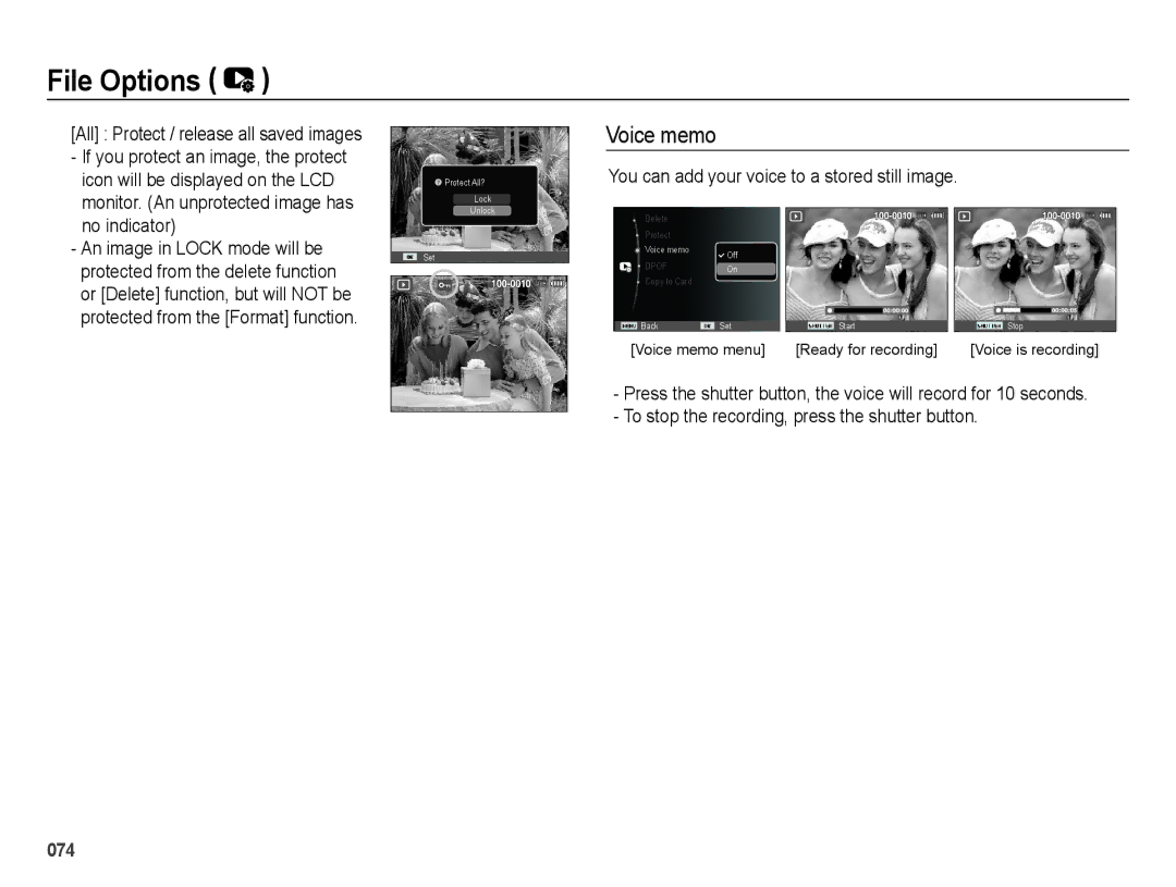 Samsung SL50B user manual Voice memo, All Protect / release all saved images 