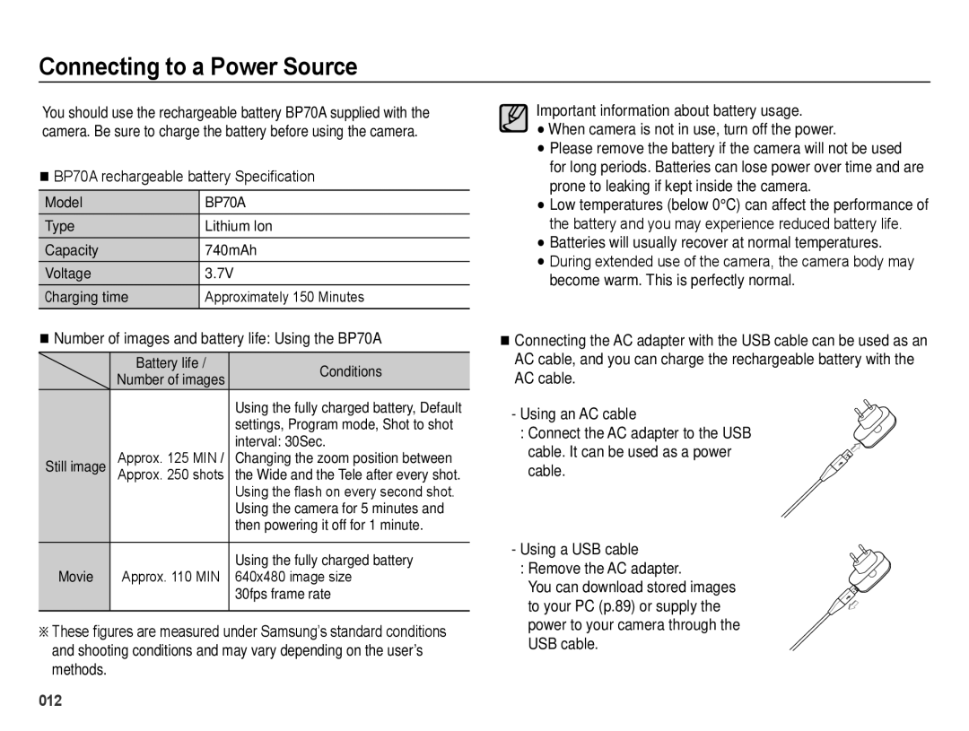 Samsung SL600 user manual Connecting to a Power Source, BP70A rechargeable battery Specification 