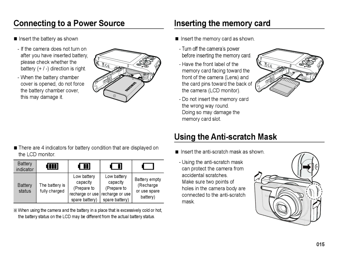 Samsung SL600 user manual Inserting the memory card, Using the Anti-scratch Mask, Insert the battery as shown 