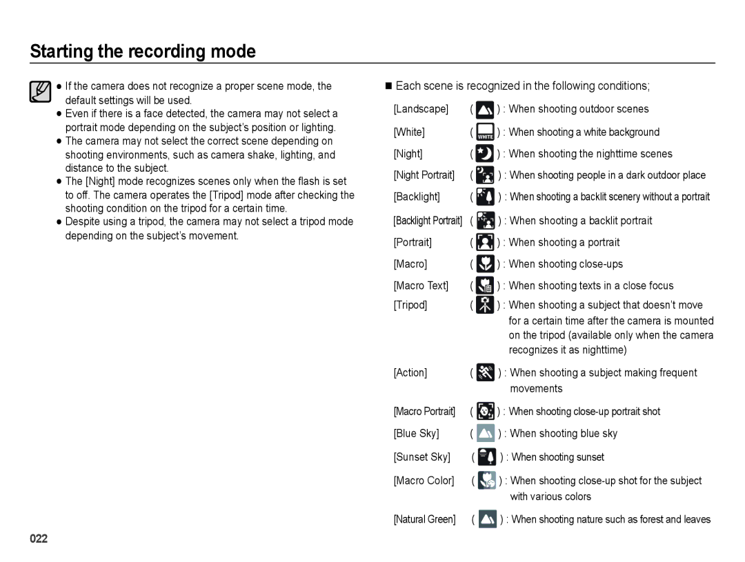 Samsung SL600 user manual Each scene is recognized in the following conditions 