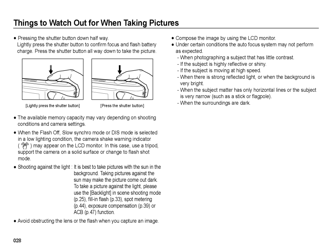 Samsung SL600 Things to Watch Out for When Taking Pictures, Pressing the shutter button down half way, ACB p.47 function 