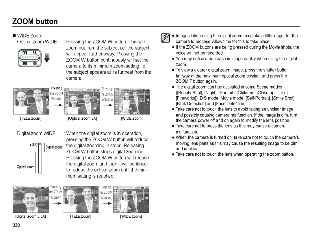 Samsung SL600 user manual Wide Zoom Optical zoom Wide, Camera, Digital zoom Wide 