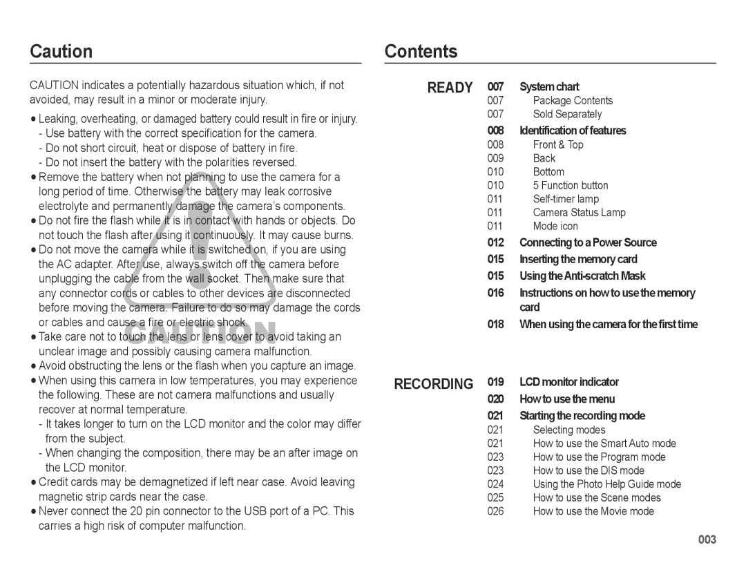 Samsung SL600 user manual Contents 