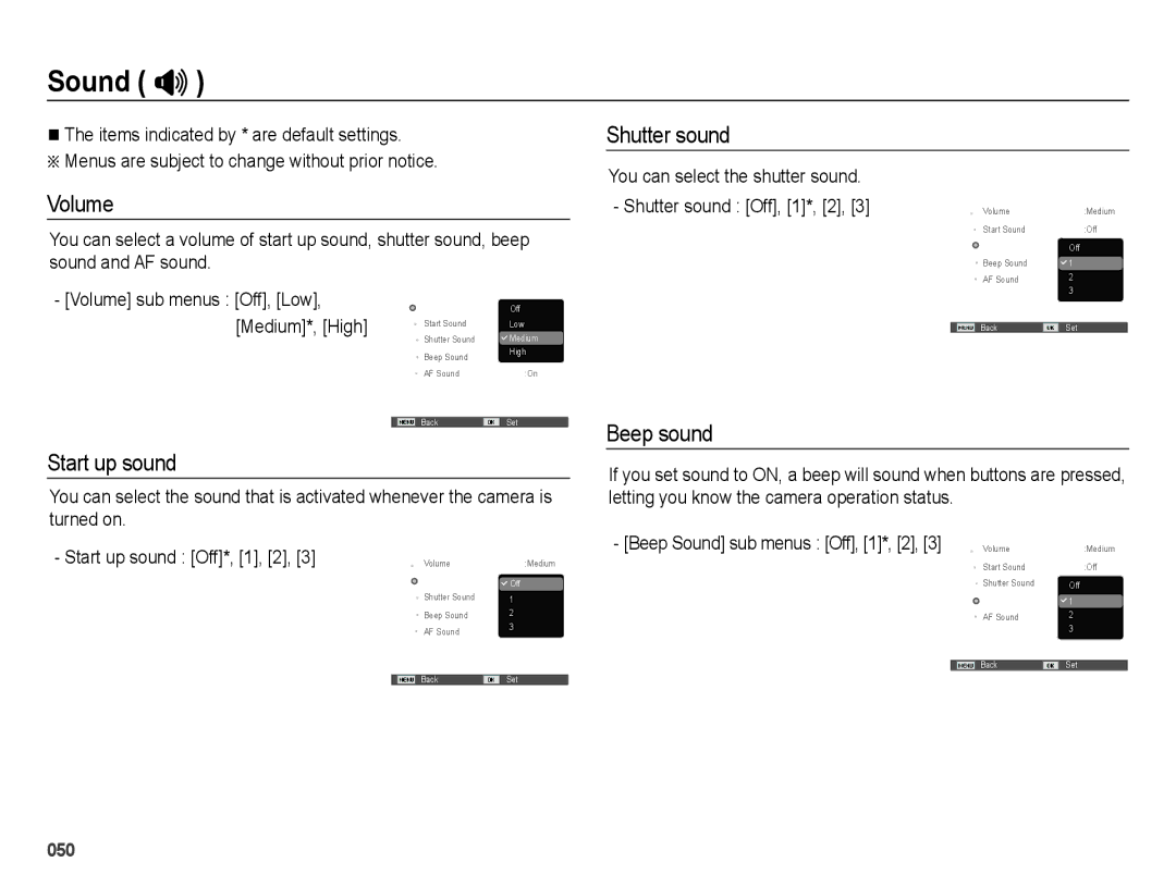 Samsung SL600 user manual Sound #, Volume, Start up sound, Shutter sound, Beep sound 