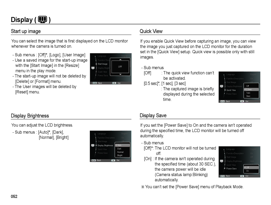 Samsung SL600 user manual Start up image, Quick View, Display Brightness Display Save 