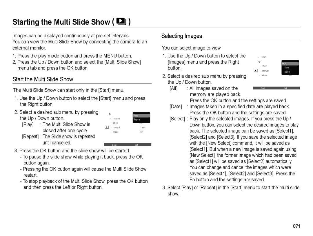 Samsung SL600 user manual Starting the Multi Slide Show, Start the Multi Slide Show, Selecting Images 