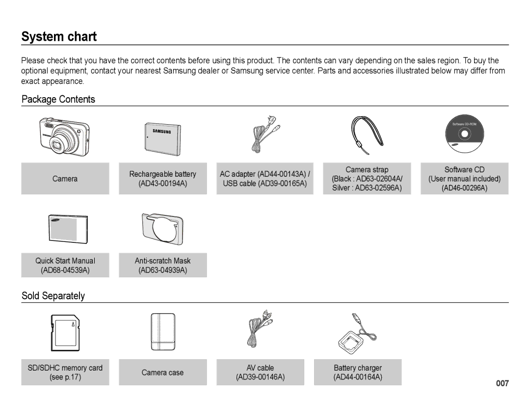 Samsung SL600 user manual System chart, Package Contents, Sold Separately 