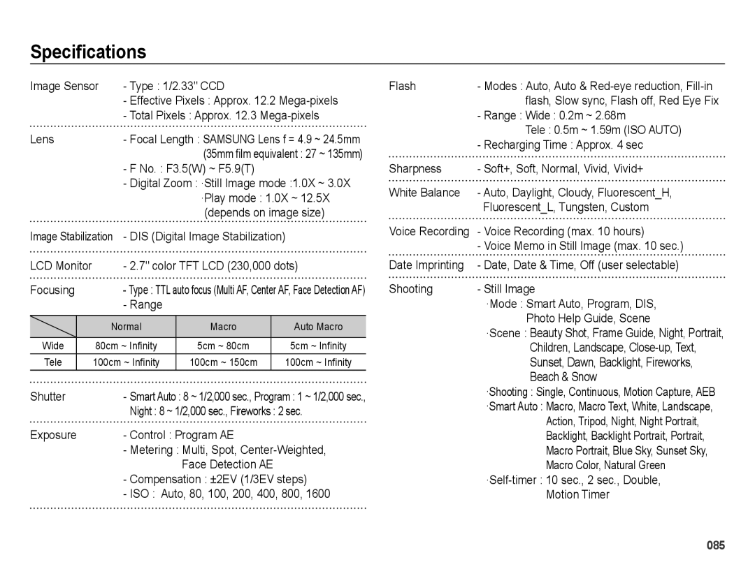 Samsung SL600 user manual Specifications 