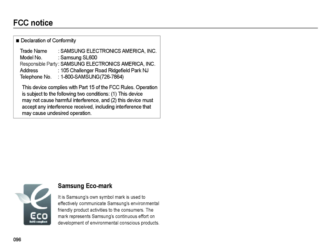 Samsung user manual Declaration of Conformity Trade Name, Model No Samsung SL600, Address, Telephone No SAMSUNG726-7864 