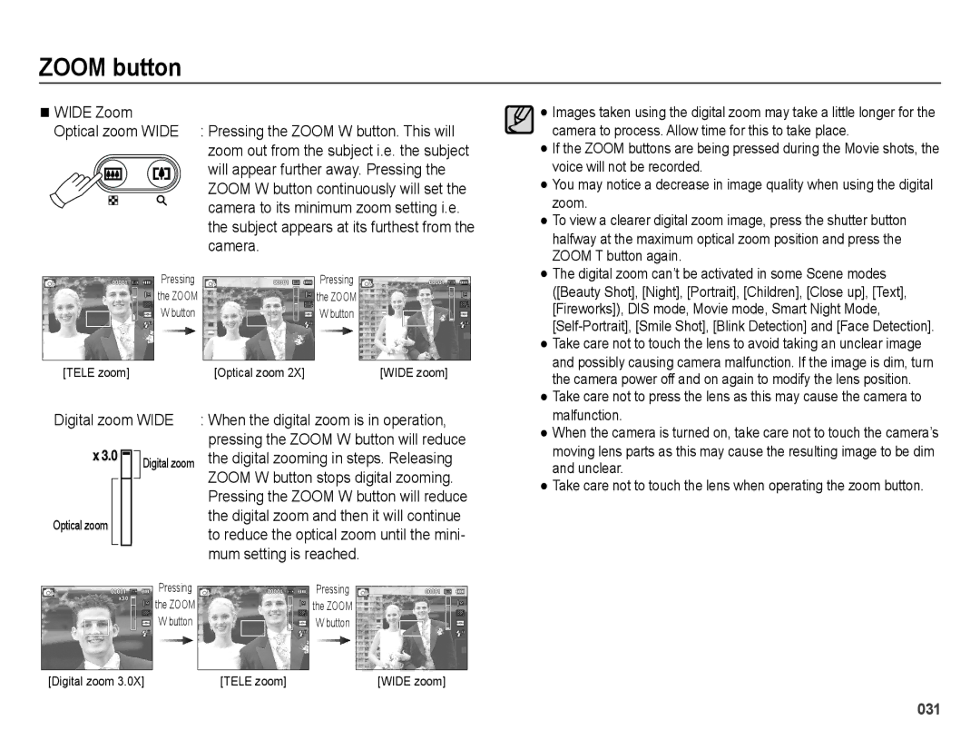 Samsung SL605 user manual Wide Zoom Optical zoom Wide, Camera, Digital zoom Wide 