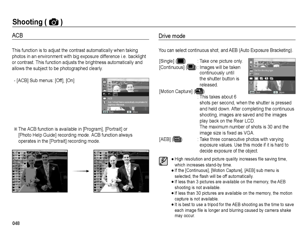 Samsung SL605 user manual Drive mode, ACB Sub menus Off, On, This takes about, Decide exposure of the object 