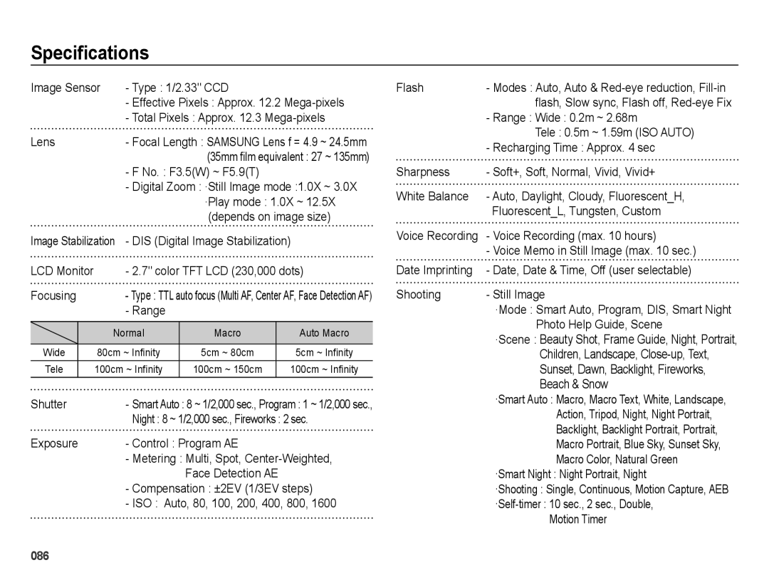 Samsung SL605 user manual Specifications 