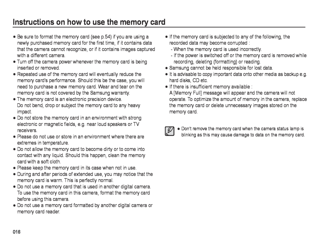 Samsung SL605 user manual Instructions on how to use the memory card 
