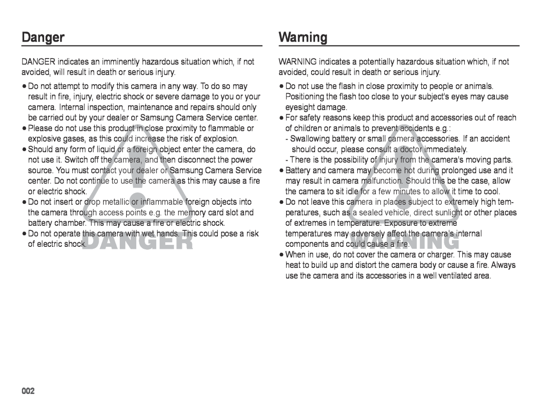 Samsung SL605 user manual Danger 