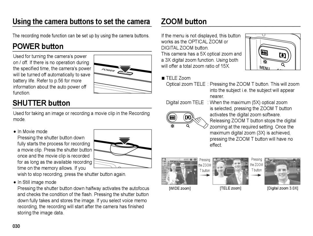 Samsung SL605 user manual POWER button, SHUTTER button, ZOOM button, Using the camera buttons to set the camera 