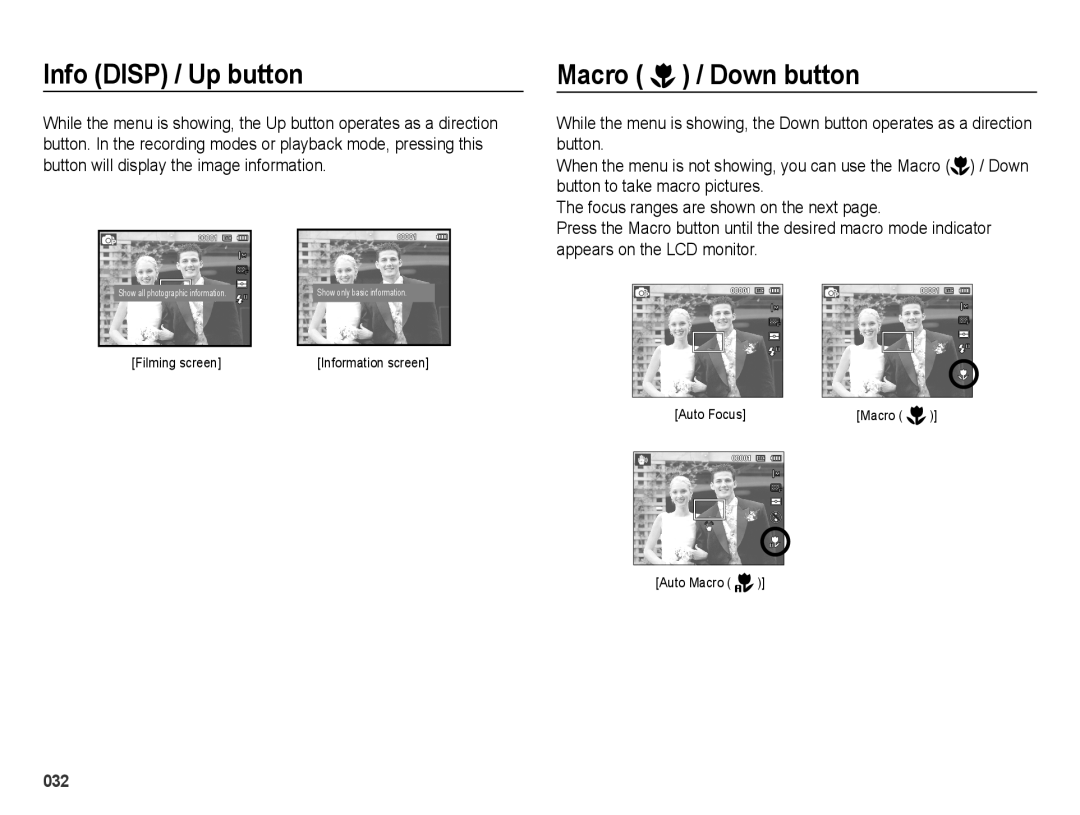 Samsung SL605 user manual Info DISP / Up button, Macro / Down button, button will display the image information 
