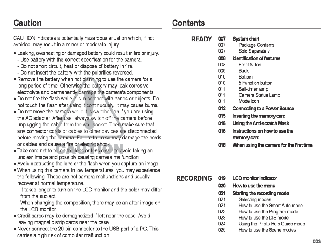 Samsung SL605 user manual Contents, Ready, System chart, Connecting to a Power Source 015 Inserting the memory card 