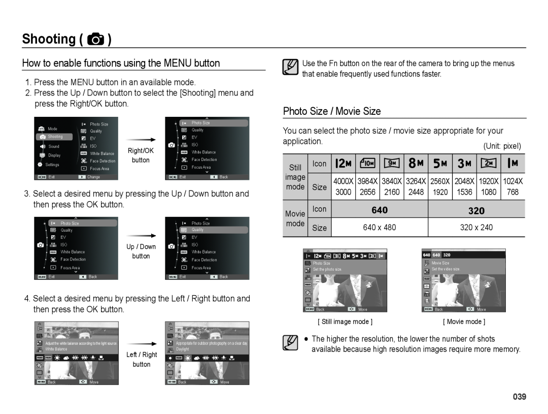 Samsung SL605 user manual How to enable functions using the MENU button, Photo Size / Movie Size, Shooting 