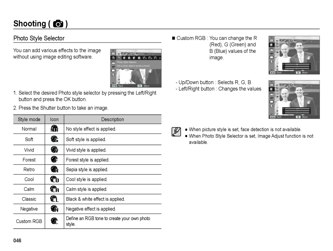 Samsung SL605 user manual Photo Style Selector, Shooting, Press the Shutter button to take an image 