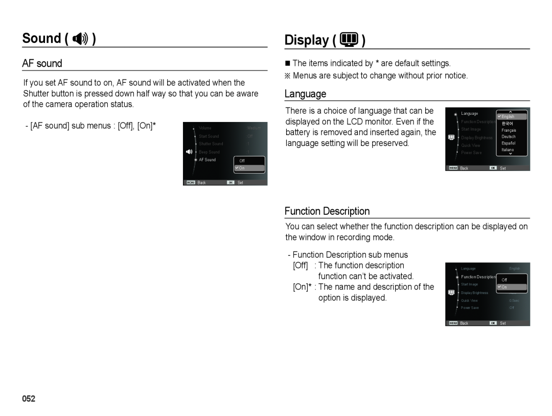 Samsung SL605 user manual Display, Language, Function Description, AF sound sub menus Off, On, Sound # 