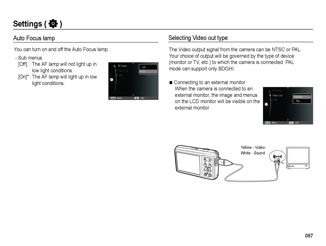 Samsung SL605 user manual Auto Focus lamp, Selecting Video out type, Settings 