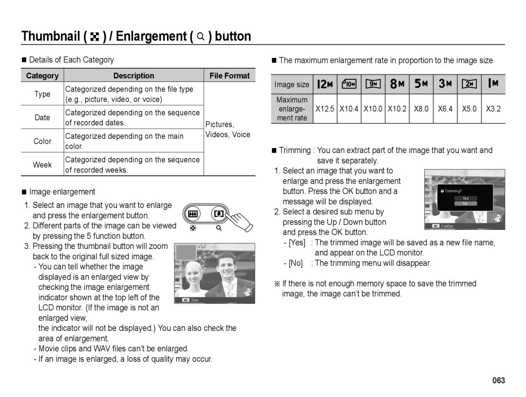 Samsung SL605 user manual Thumbnail º / Enlargement † button, Ê Details of Each Category 