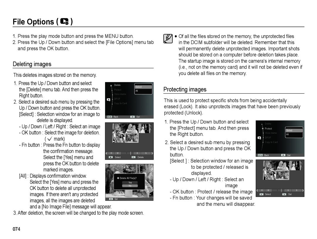 Samsung SL605 user manual File Options, Deleting images, Protecting images, marked images, the Right button, displayed 