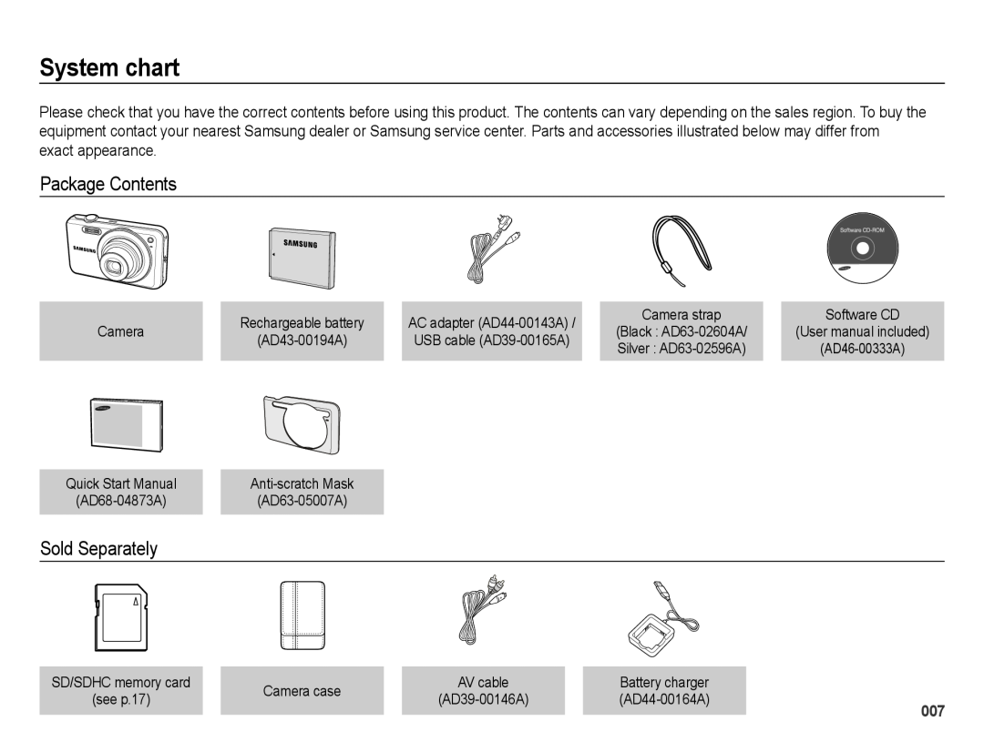 Samsung SL605 user manual System chart, Package Contents, Sold Separately 