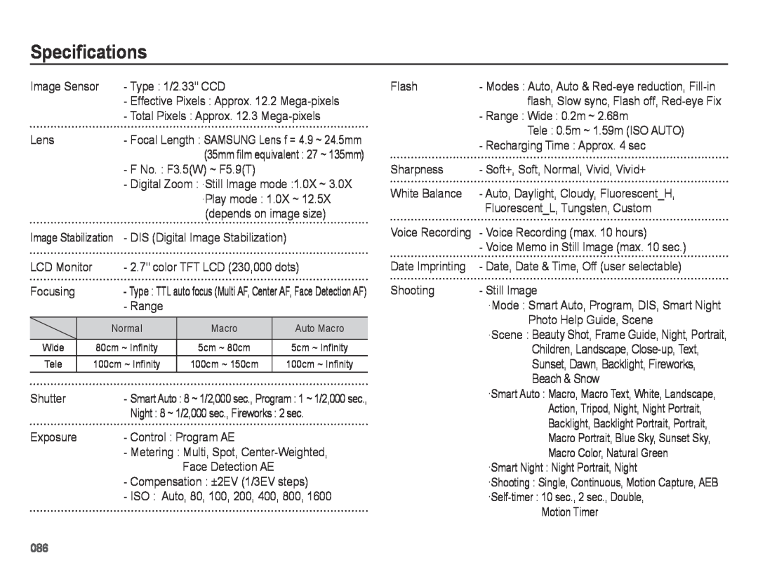 Samsung SL605 user manual Specifications, Type TTL auto focus Multi AF, Center AF, Face Detection AF 