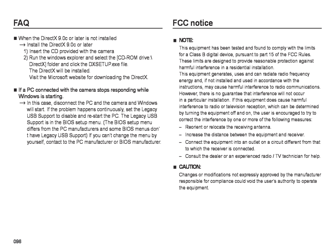Samsung SL605 user manual FCC notice, Ê Note, Ê Caution, Ê When the DirectX 9.0c or later is not installed 