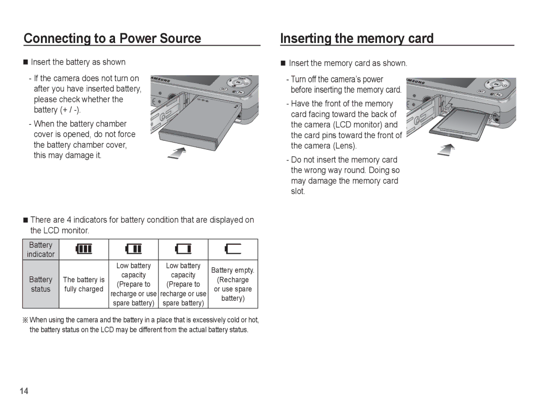 Samsung SL620 manual Inserting the memory card, Insert the memory card as shown, Battery 