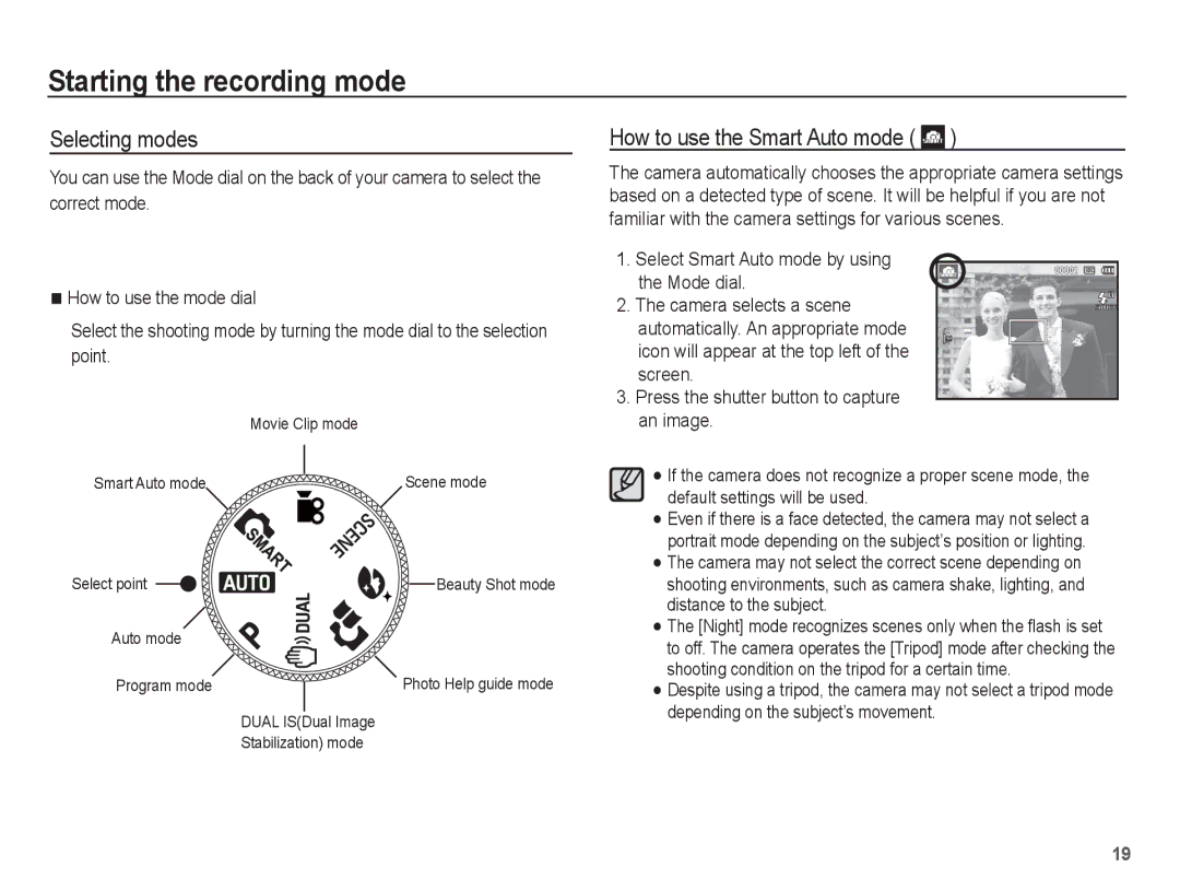 Samsung SL620 manual Starting the recording mode, Selecting modes, How to use the Smart Auto mode 