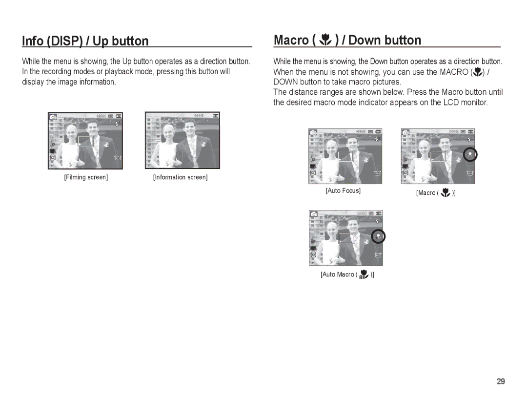 Samsung SL620 manual Info Disp / Up button, Macro / Down button 