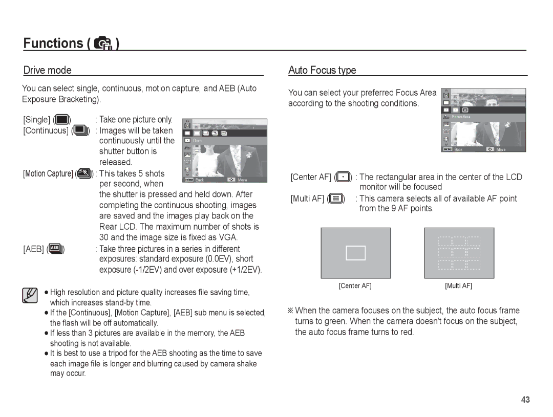 Samsung SL620 manual Drive mode, Auto Focus type 