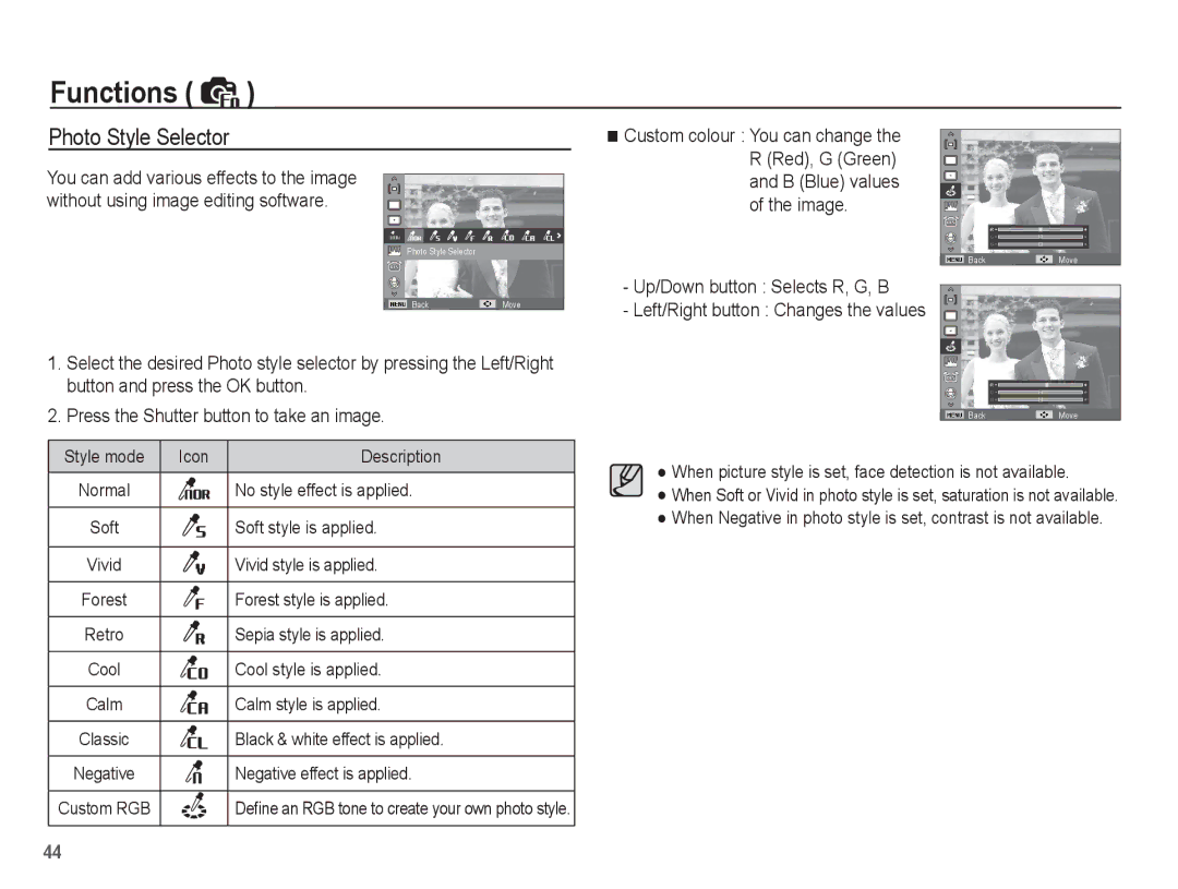 Samsung SL620 manual Photo Style Selector 